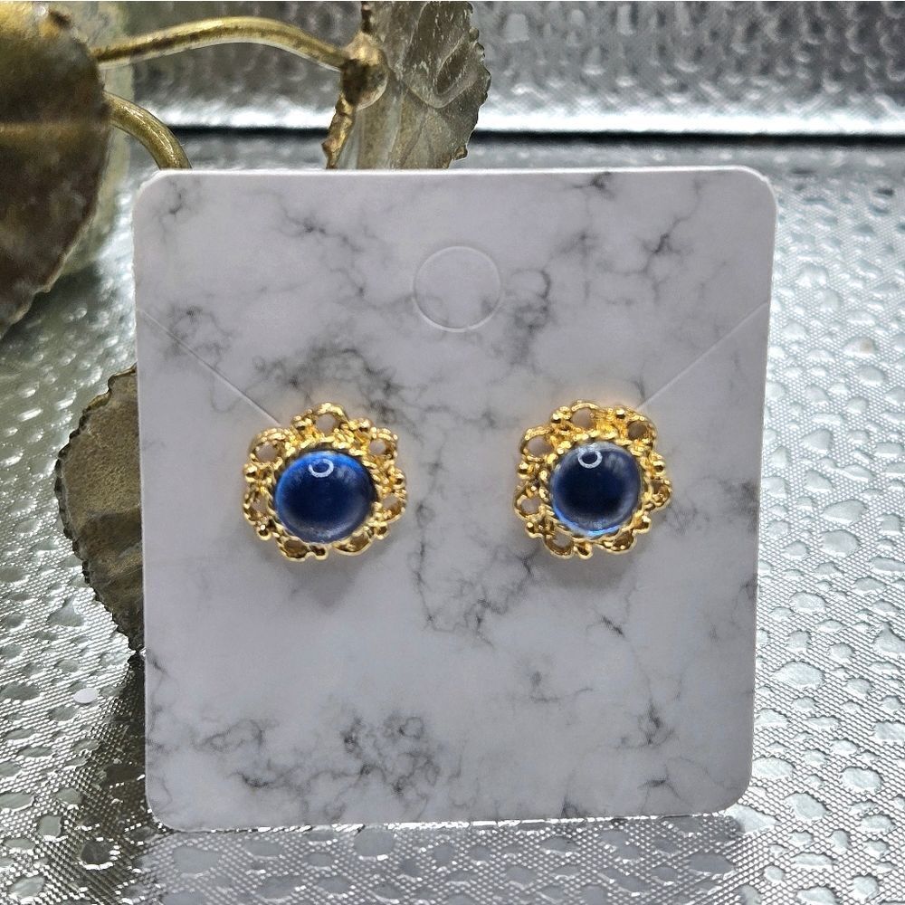 "5/$40" Ornate Estate Style Blue Glass Gold Tone Stud Earrings